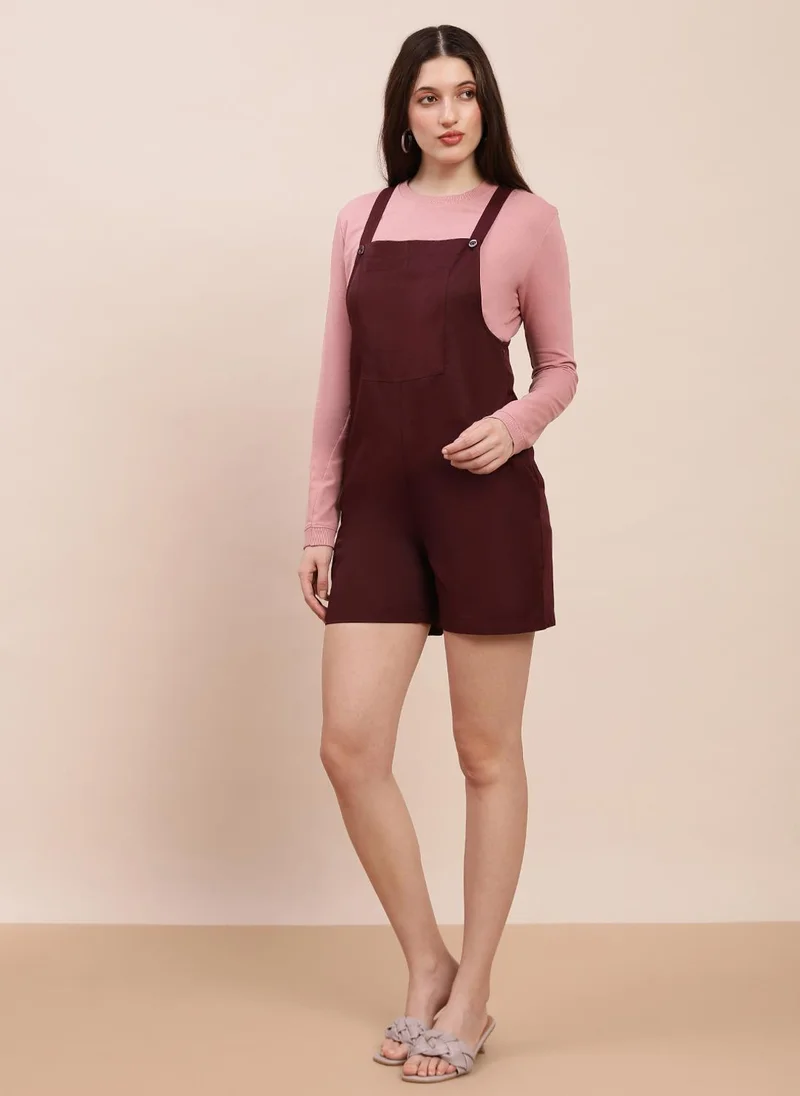 globus  Globus Women Wine Square Neck Shoulder Straps Solid Big Front Pocket Playsuit for Women | Best Price UAE